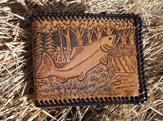 Leather Wallet with Fly Fishing Scene and Tro...