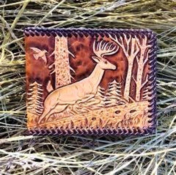 Handmade Leather Wallet With Buck in Forest...