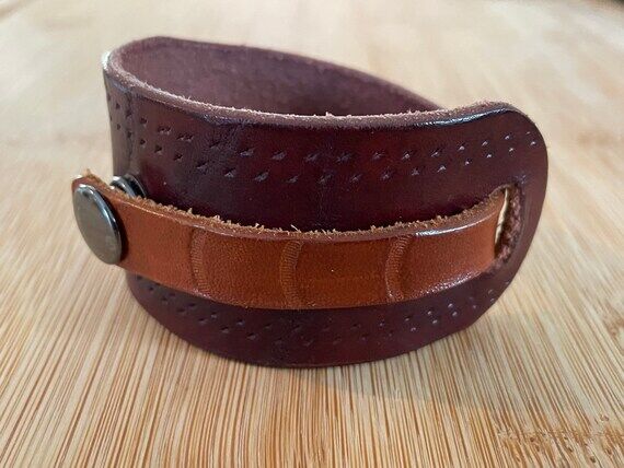 Handmade Two-Tone Leather Cuff Bracelet | Per...