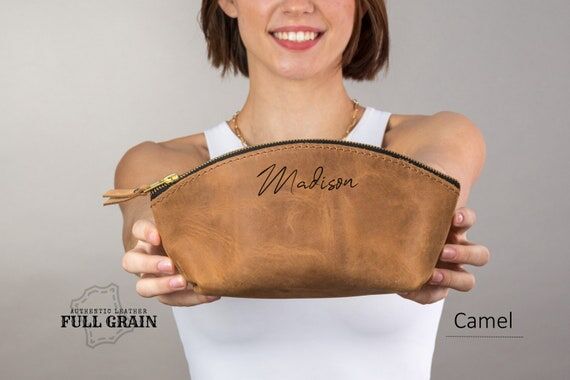 Personalized Makeup Bag, Leather Cosmetic Bag...