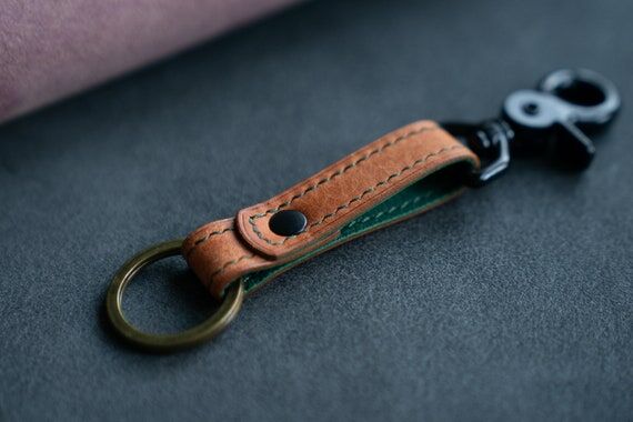 Handmade Leather Keychain Wristlet: Brass & S...