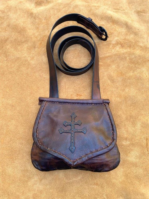 Handsewn Leather Day Bag with Cross of Lorrai...