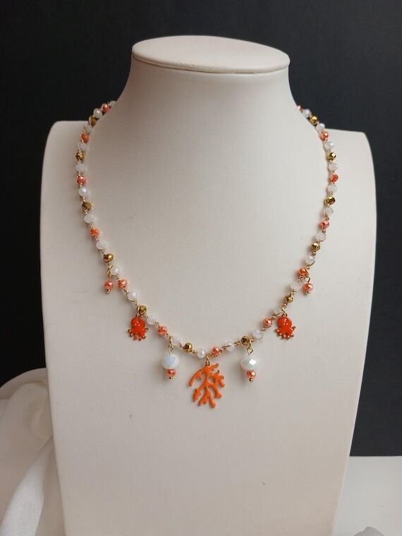 Crochet Necklace with Coral Pendants and Bead...