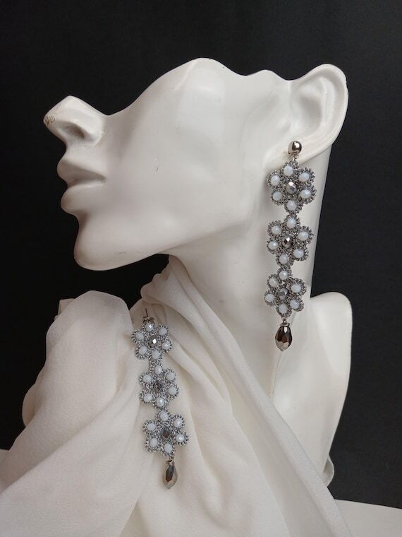 Tatting Lace Long Earrings with Beads, Handma...