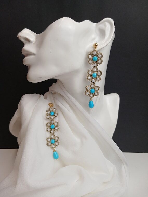 Handmade Long Lace Drop Earrings - Gold Turqu...