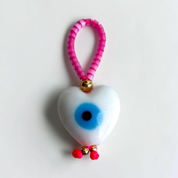 White Crystal Heart Evil Eye & Pink Seed Bead...