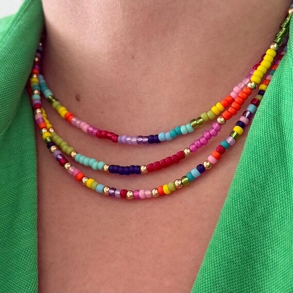 Rainbow Beaded Necklace – Multicolor Seed B...