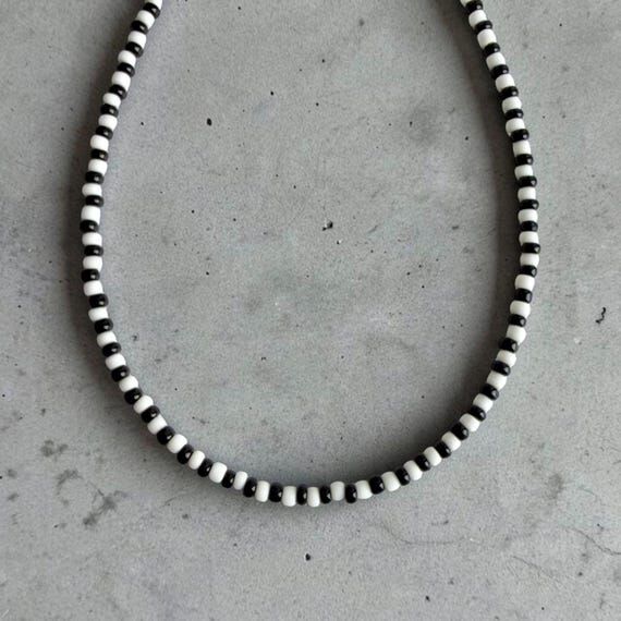 Handmade Black White Seed Bead Necklace, 18K ...