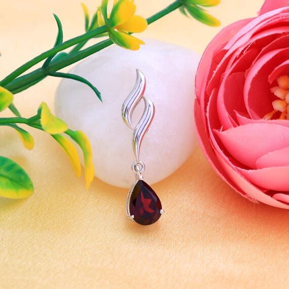 Handmade Teardrop Red Garnet Pendant, 925 Ste...