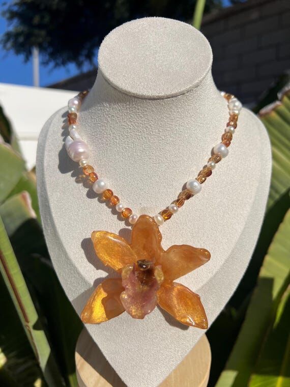 Handmade Orange Orchid Choker Necklace with ...