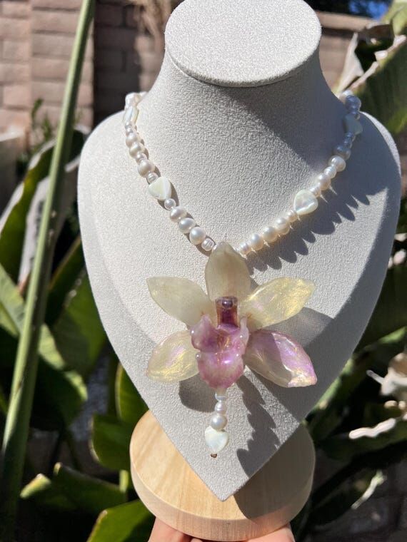 Handmade Orchid Necklace with Pearls/ Fairyco...