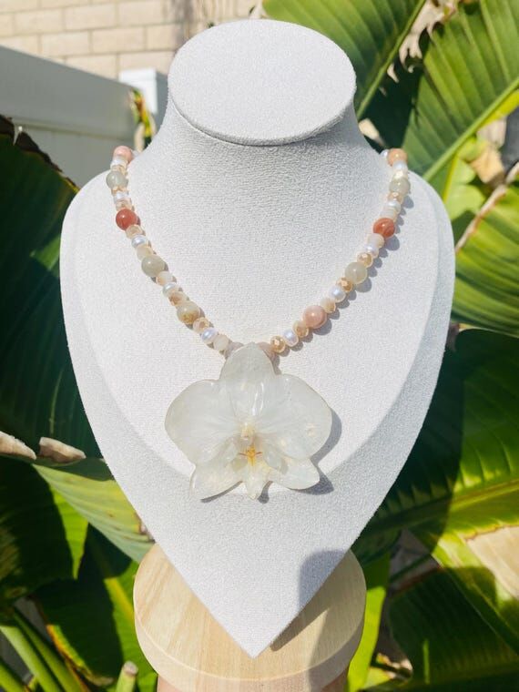 Real Orchid Pendant Necklace with Sunstone, G...