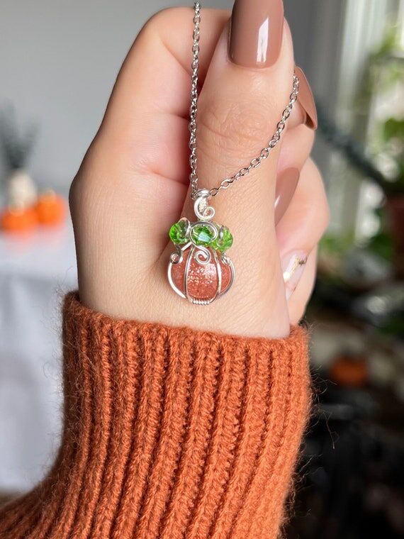 Pumpkin Sunstone Necklace: Silver Wire Wrappe...