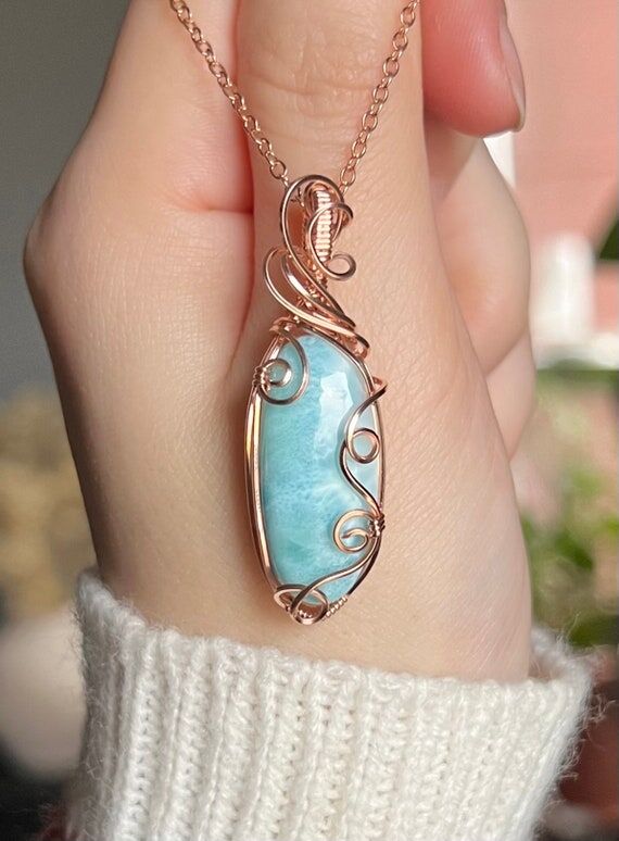 Larimar Necklace: 14k Rose Gold Wire Wrapped ...