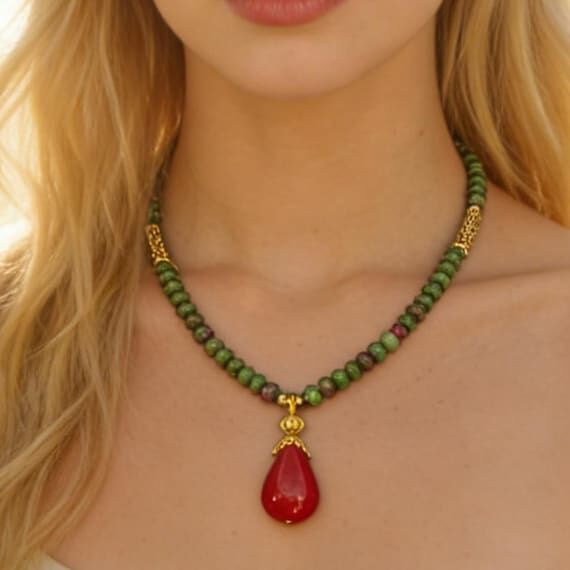 Ruby Zoisite Necklace with Ruby Pendant, Wome...