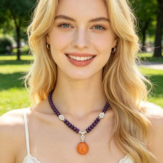 Purple Lavender Quartz Necklace with Red Aven...