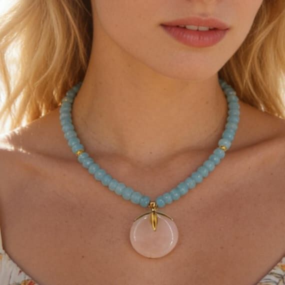 Designer aquamarine necklace with rose quartz...