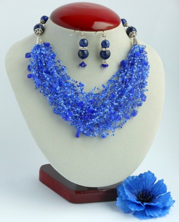 Beaded Air necklace Beaded jewelry Blue neckl...