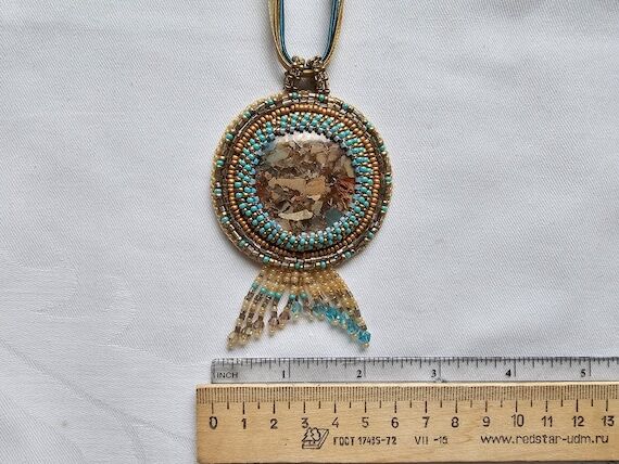 Handmade beaded beige/gold/light blue necklac...