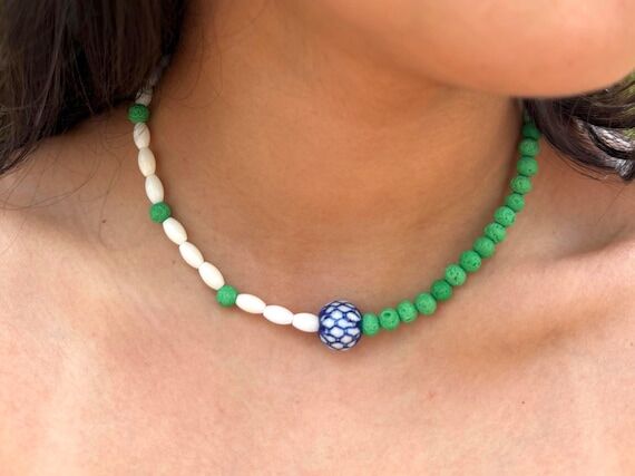 Handmade Colorful Ibiza Beaded Necklace, Gree...