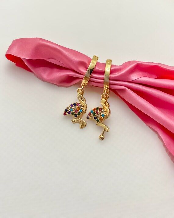 Colorful Gemstone Flamingo Earrings • • D...