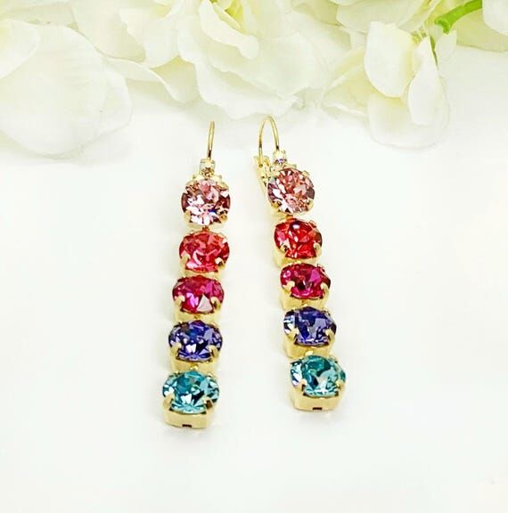 Rainbow Austrian Crystal Drop Earrings: Handm...