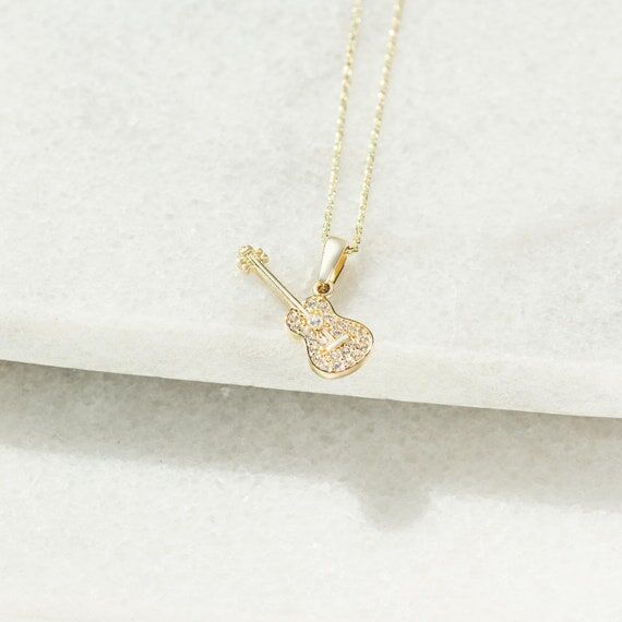 14K Solid Gold Guitar Necklace: CZ Stone Pend...