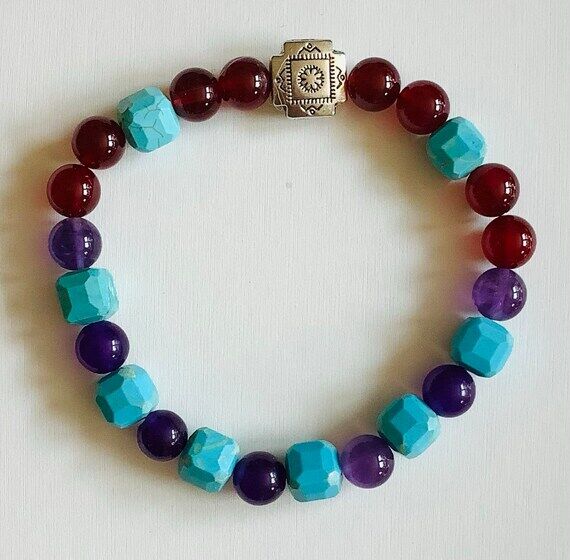 Red Jade, Amethyst & Turquoise Beaded Bracele...