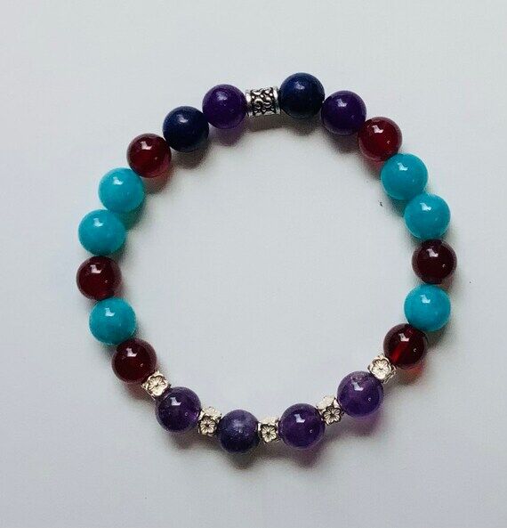Apatite, amethyst, red jade, silver beaded br...