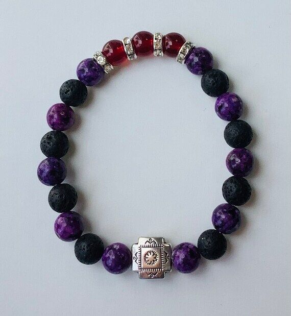 Sugilite, red jade, lava, silver spacer beads...