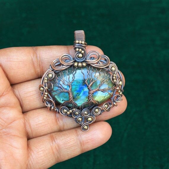 Handmade Copper Wire Wrapped Labradorite Pend...