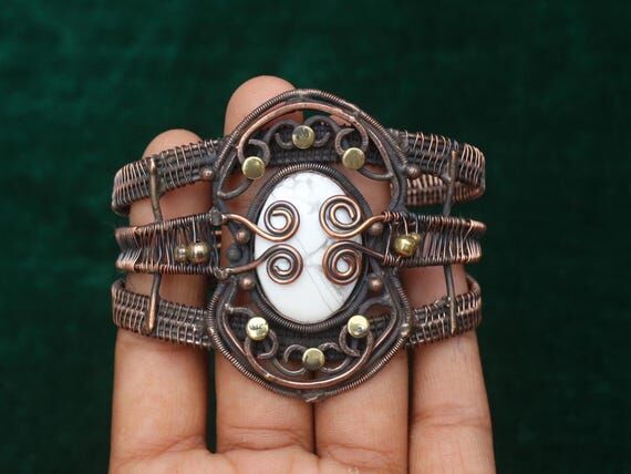 Howlite Jasper Copper Bangle: Adjustable Wire...