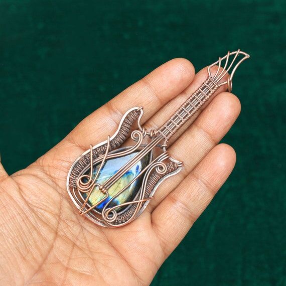 Labradorite Guitar Pendant, Copper Wire Wrapp...