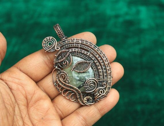 Handmade Copper Wire Wrap Pendant: Green Preh...