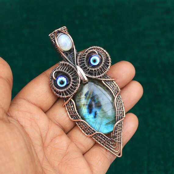 Labradorite Owl Pendant: Copper Wire Wrapped ...