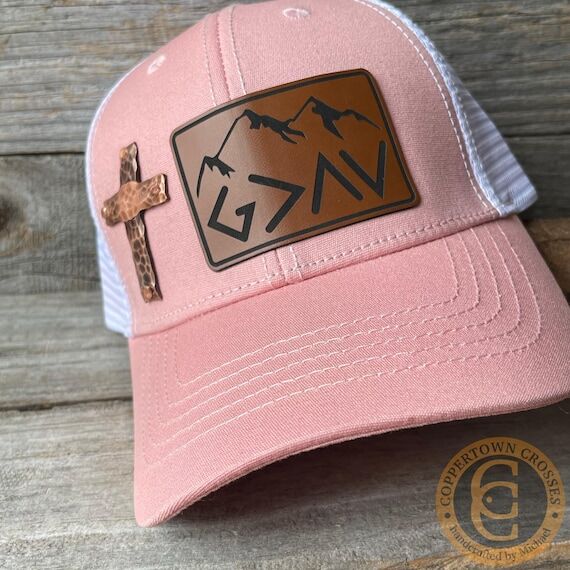 Pink Ball Cap with Hand Forged Copper Cross a...