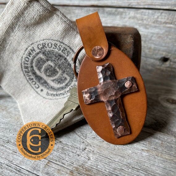 Custom Cross Keychain - Copper and Leather - ...
