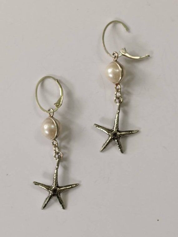 Handmade pearl and starfish earrings on sterl...