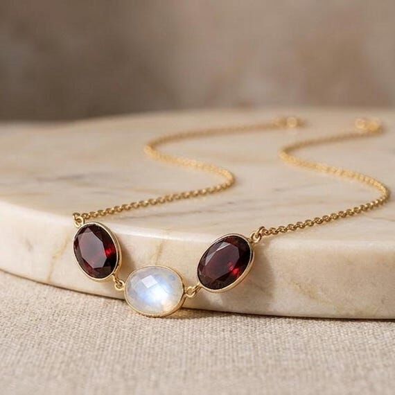 Moonstone Garnet Necklace, Gold Plated Gemsto...