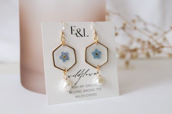 Gold Forget-Me-Not Resin Earrings | Pearl Dro...