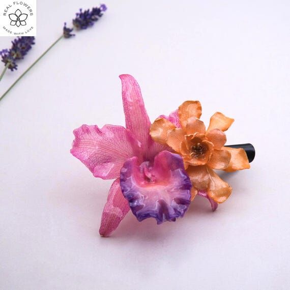 Hair clip with real orchid – pink-apricot-p...