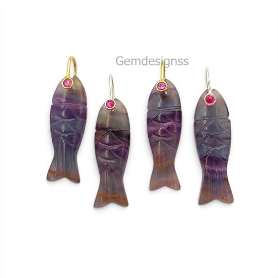 Multi Fluorite Fish Carved Pendant, Lucky Ani...
