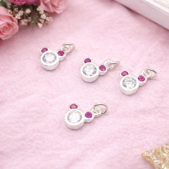 Sterling Silver Mickey Head Charm, CZ Pink St...