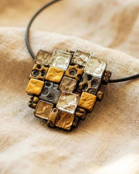Black Gold Mosaic Pendant Necklace and Earrin...