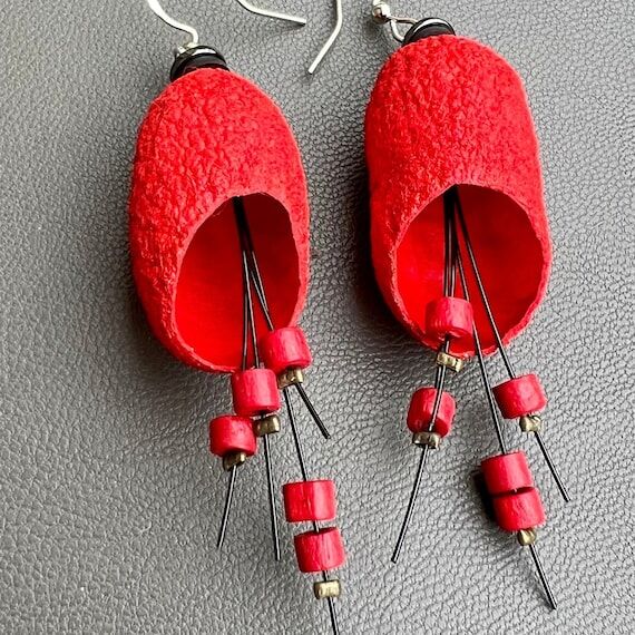 Statement red earrings, Red Beaded earrings, ...