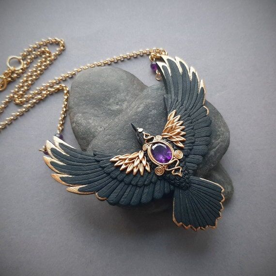 Black Raven necklace - Fantasy bird jewelry w...