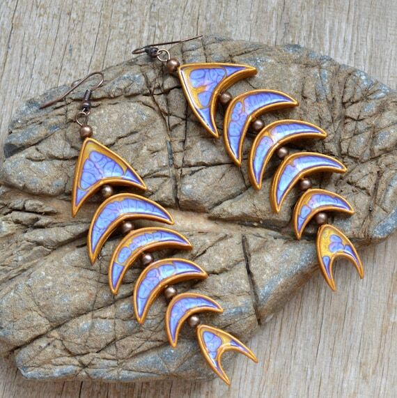 Statement Unusual Purple & Gold Long Fish Ear...