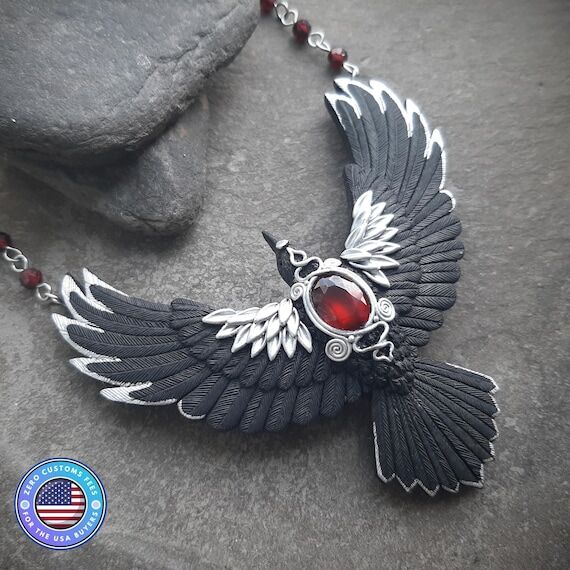 Witchy Goth Raven Necklace - Wingspan 3'' Mor...