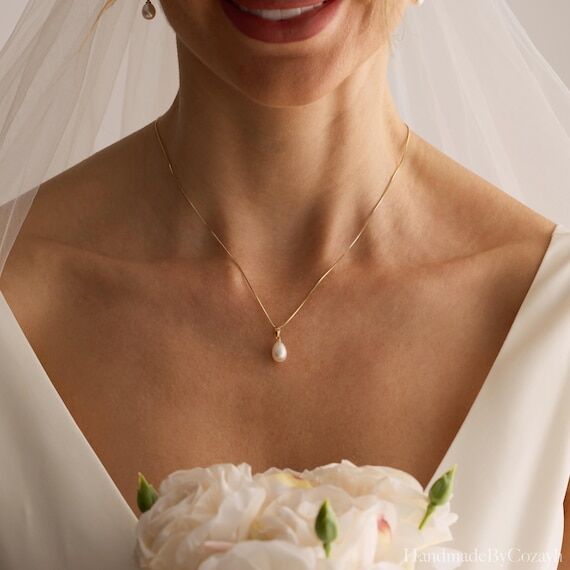Minimalist Freshwater Pearl Drop Necklace, Si...