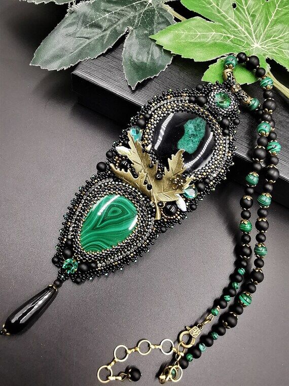 Large black green original pendant with natur...
